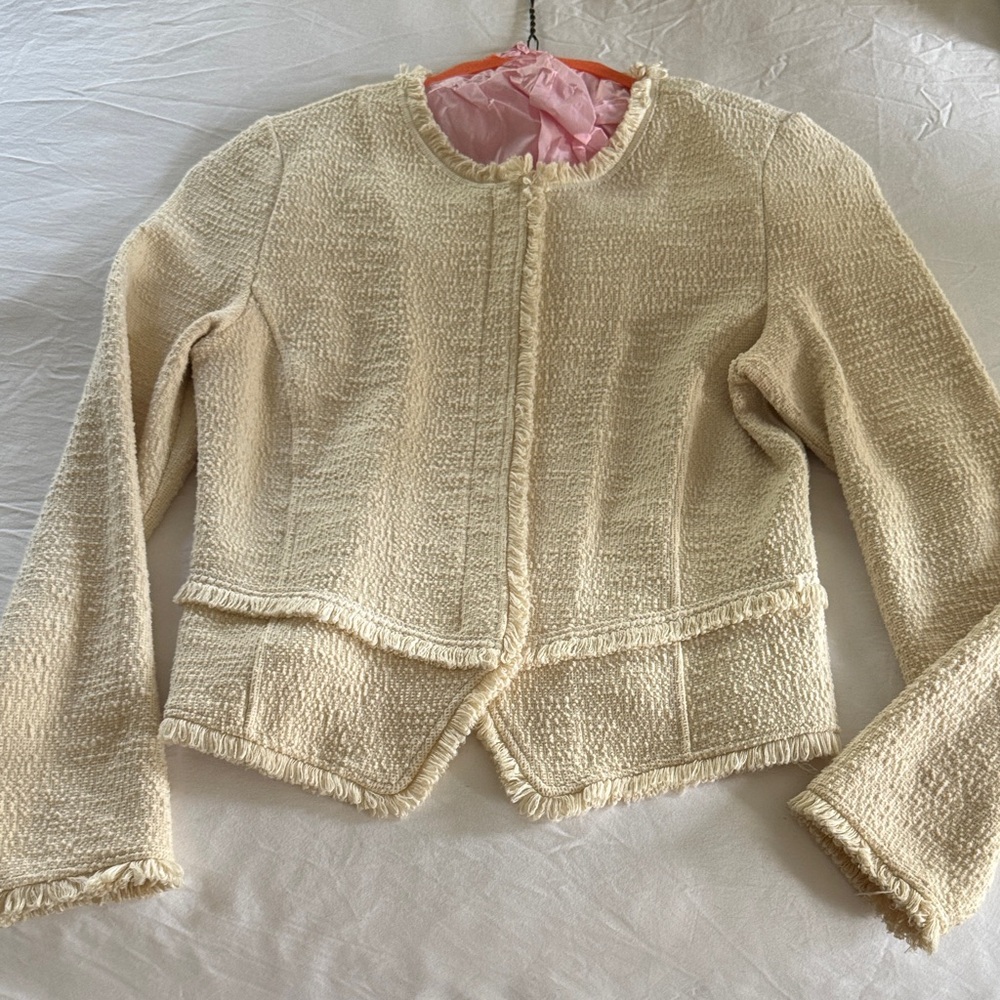 Anthropologie Cream Bouclé Fringe Collarless Blazer